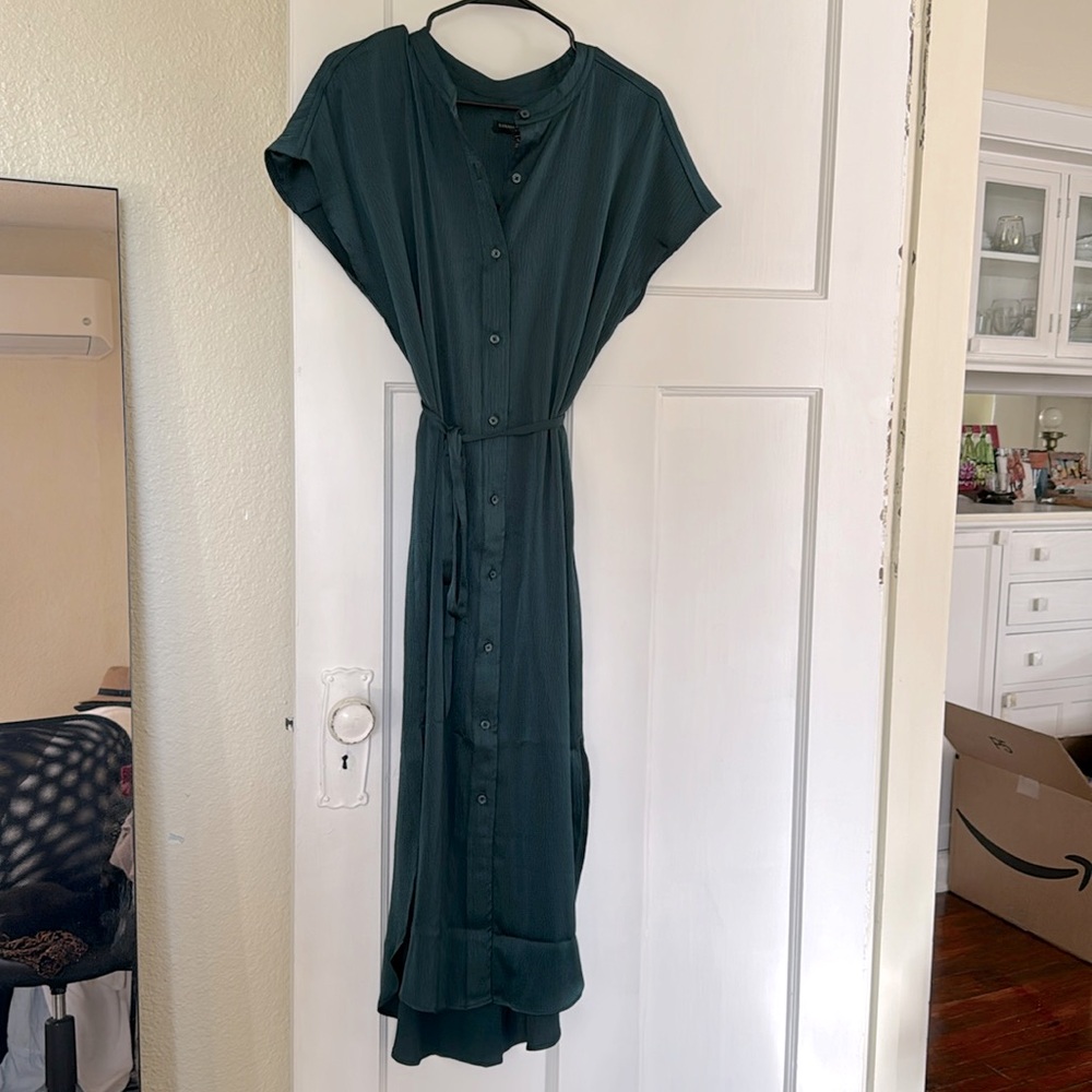 NWT Banana Republic - Satin Maxi Shirt Dress in Deep Sea Teal - size L Petite